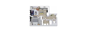A floor plan of a small apartment with a kitchen, living room, and bathroom.