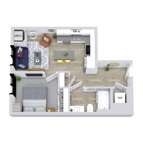 A floor plan of a small apartment with a kitchen, living room, and bathroom.