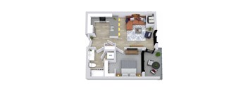 A floor plan of a house with a living room, dining room, kitchen, and two bedrooms.