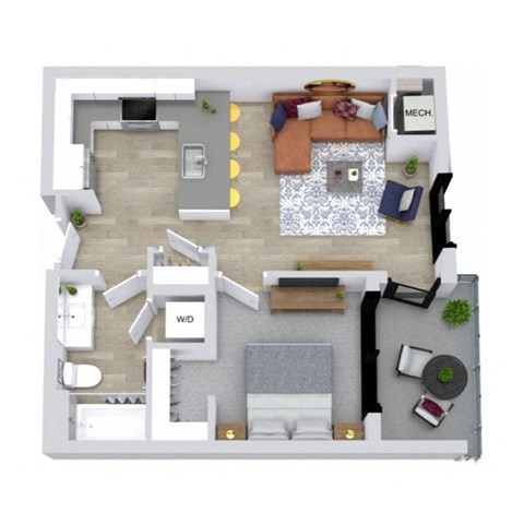 A floor plan of a house with a living room, dining room, kitchen, and two bedrooms.