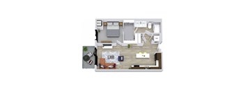 A top-down view of a modern apartment layout with a kitchen, living room, and bedroom.