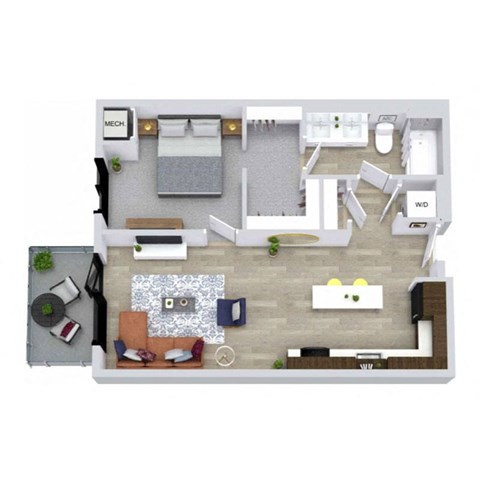 A top-down view of a modern apartment layout with a kitchen, living room, and bedroom.