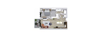 A top-down view of a living room with a couch, coffee table, and kitchen area.