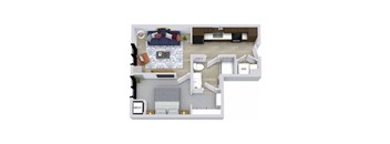 A top-down view of a small apartment layout with a living room, kitchen, and bedroom.