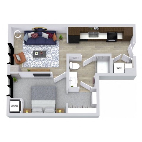 A top-down view of a small apartment layout with a living room, kitchen, and bedroom.