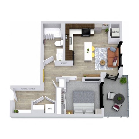 A floor plan of a house with a living room, dining room, kitchen, and bathrooms.