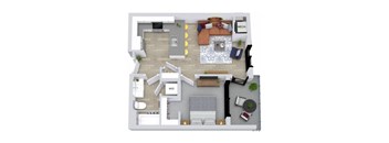 A top-down view of a house layout with a living room, dining area, kitchen, and bathrooms.