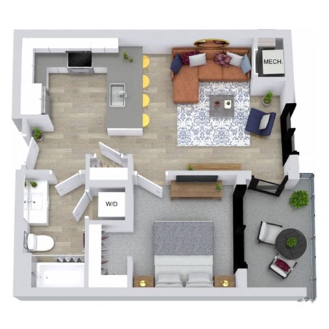 A top-down view of a house layout with a living room, dining area, kitchen, and bathrooms.