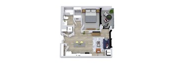 A top-down view of a well-organized apartment layout with a kitchen, living room, and bedroom.