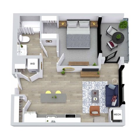 A top-down view of a well-organized apartment layout with a kitchen, living room, and bedroom.