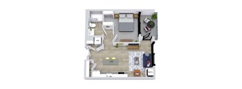 A top-down view of a living room with a couch, coffee table, and television.