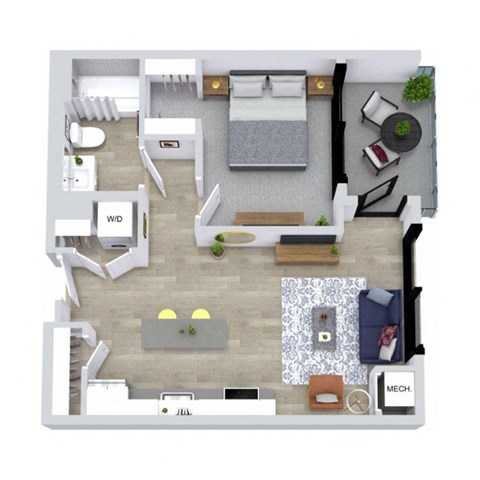 A top-down view of a living room with a couch, coffee table, and television.