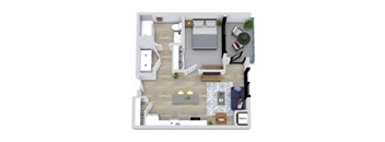 A top-down view of a living room with a couch, a coffee table, and a dining table.