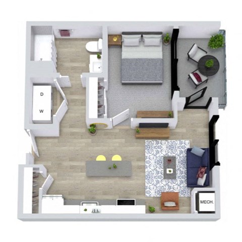 A top-down view of a living room with a couch, a coffee table, and a dining table.