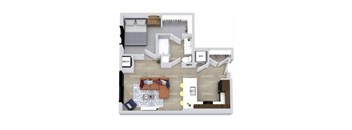A floor plan of a small apartment with a bedroom, living room, and kitchen.