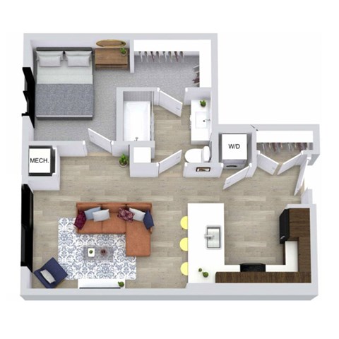 A floor plan of a small apartment with a bedroom, living room, and kitchen.