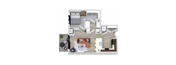 A top-down view of a living room with a couch, coffee table, and kitchen area.
