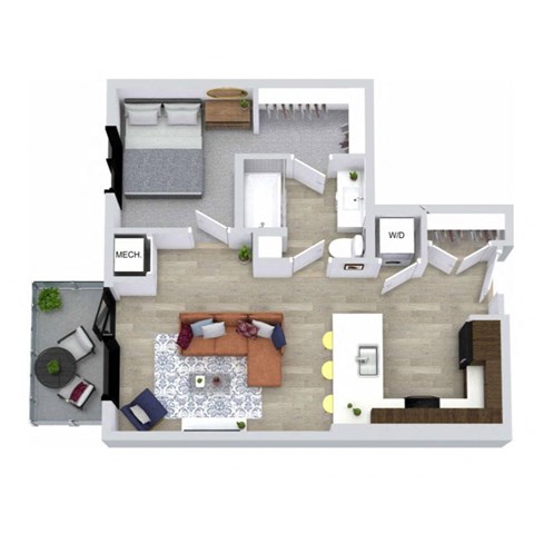 A top-down view of a living room with a couch, coffee table, and kitchen area.