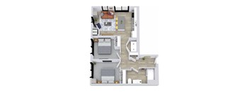 A floor plan of a house with a living room, dining room, kitchen, and two bedrooms.
