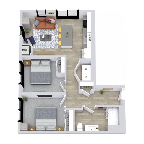 A floor plan of a house with a living room, dining room, kitchen, and two bedrooms.