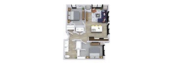 A top-down view of a living room, kitchen, and dining area.