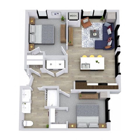 A top-down view of a living room, kitchen, and dining area.
