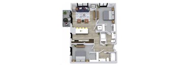 A floor plan of a house with a living room, dining room, kitchen, and two bedrooms.