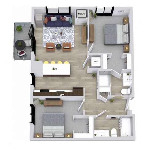 A floor plan of a house with a living room, dining room, kitchen, and two bedrooms.