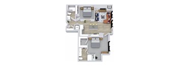 A floor plan of a house with a living room, dining room, kitchen, and bathroom.