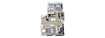 A floor plan of a two-story apartment with a living room, kitchen, and bedrooms.
