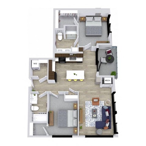 A floor plan of a two-story apartment with a living room, kitchen, and bedrooms.