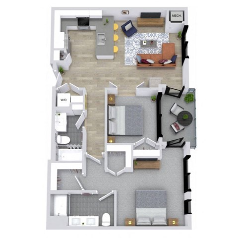 A floor plan of a house with a living room, dining room, kitchen, and bathrooms.