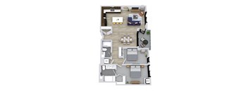 A floor plan of a house with a kitchen, living room, dining room, and two bedrooms.
