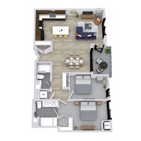A floor plan of a house with a kitchen, living room, dining room, and two bedrooms.