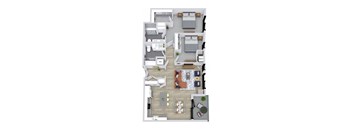 A floor plan of a house with a living room, dining room, kitchen, and two bedrooms.