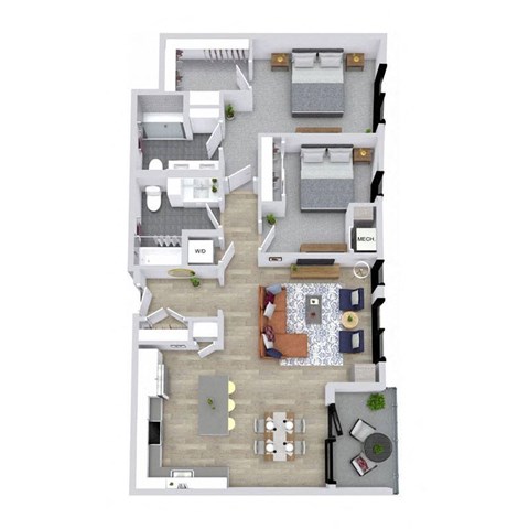 A floor plan of a house with a living room, dining room, kitchen, and two bedrooms.