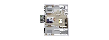 A floor plan of a house with a living room, dining room, kitchen, and two bedrooms.