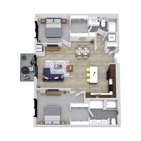 A floor plan of a house with a living room, dining room, kitchen, and two bedrooms.