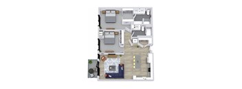 A floor plan of a house with a living room, dining room, kitchen, and two bedrooms.