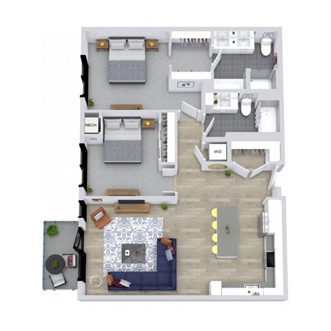 A floor plan of a house with a living room, dining room, kitchen, and two bedrooms.