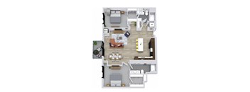 A floor plan of a house with a dining area in the center.