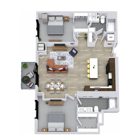 A floor plan of a house with a dining area in the center.