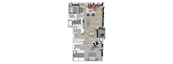 A floor plan of a house with a living room, dining room, kitchen, and two bedrooms.