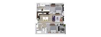 A top-down view of a living room with a couch, coffee table, and kitchen area.
