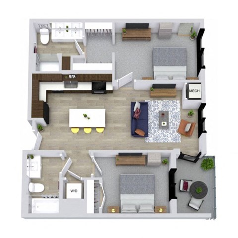 A top-down view of a living room with a couch, coffee table, and kitchen area.