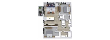 A floor plan of a house with a living room, dining room, kitchen, and two bedrooms.