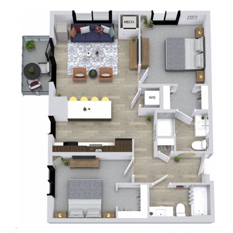 A floor plan of a house with a living room, dining room, kitchen, and two bedrooms.