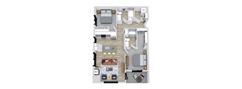 A floor plan of a house with a kitchen, living room, dining room, and bathrooms.