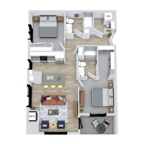 A floor plan of a house with a kitchen, living room, dining room, and bathrooms.