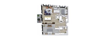 A top-down view of a modern apartment layout with a kitchen, living room, and bedrooms.